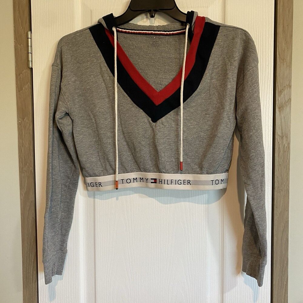 Tommy Hilfiger Varsity Cropped Logo Lounge Athleisure Hoodie Sweatshirt Size Sm